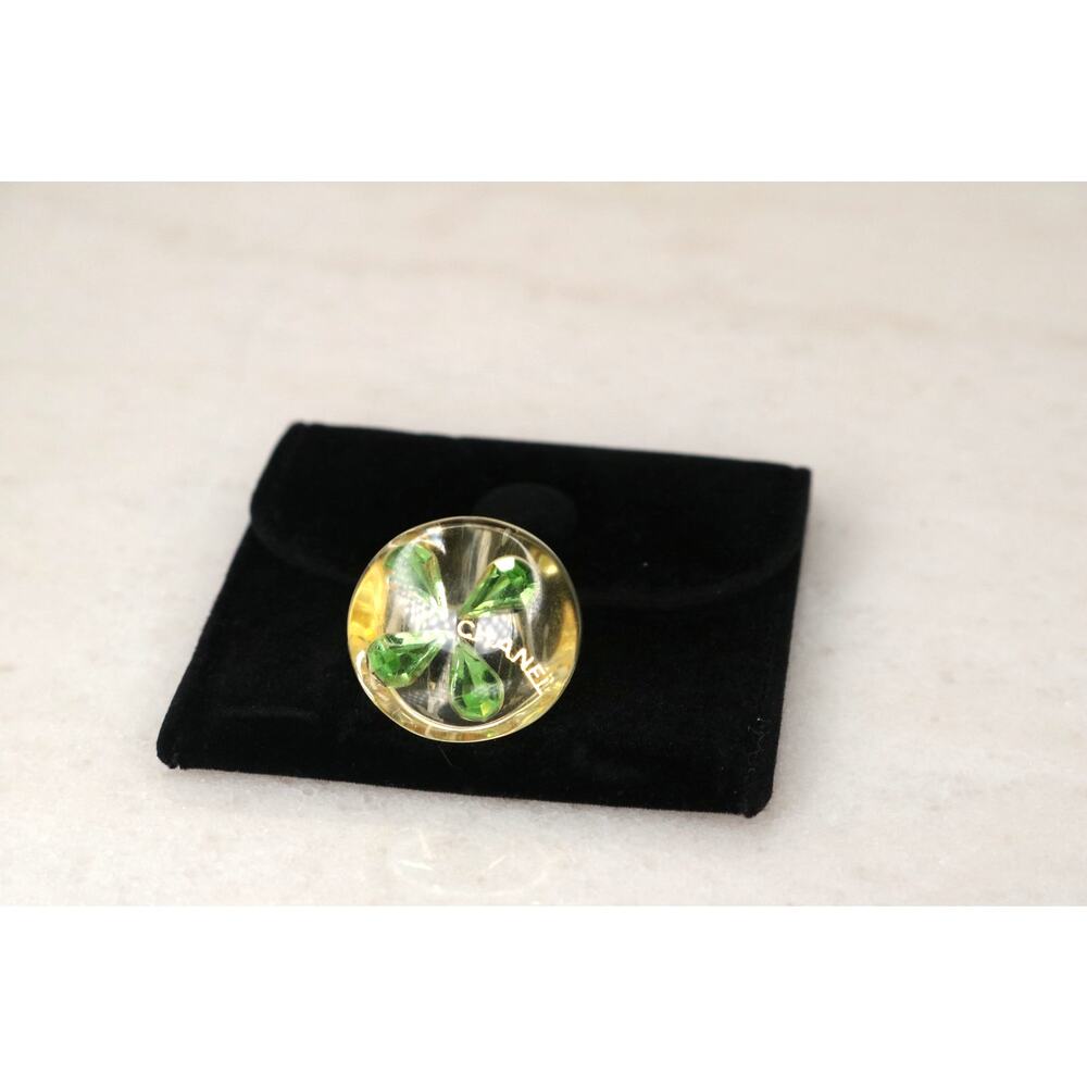 Chanel Green Crystal Clover Clear Resin Statement Ring Size 6.5 With Pouch